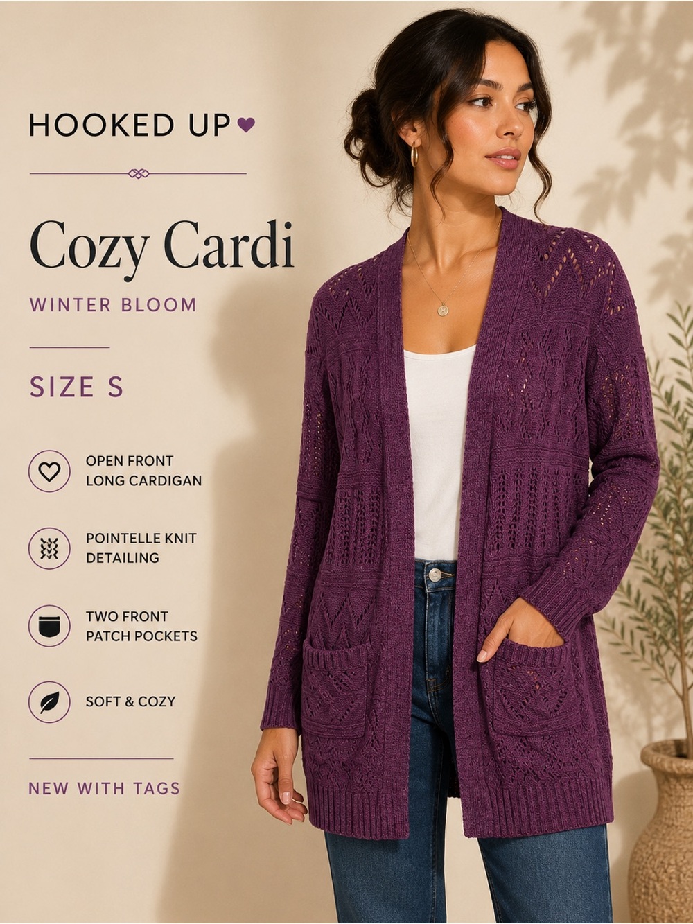 Hooked Up Cozy Cardi Winter Bloom Purple Pointelle Open Front Cardigan S NWT